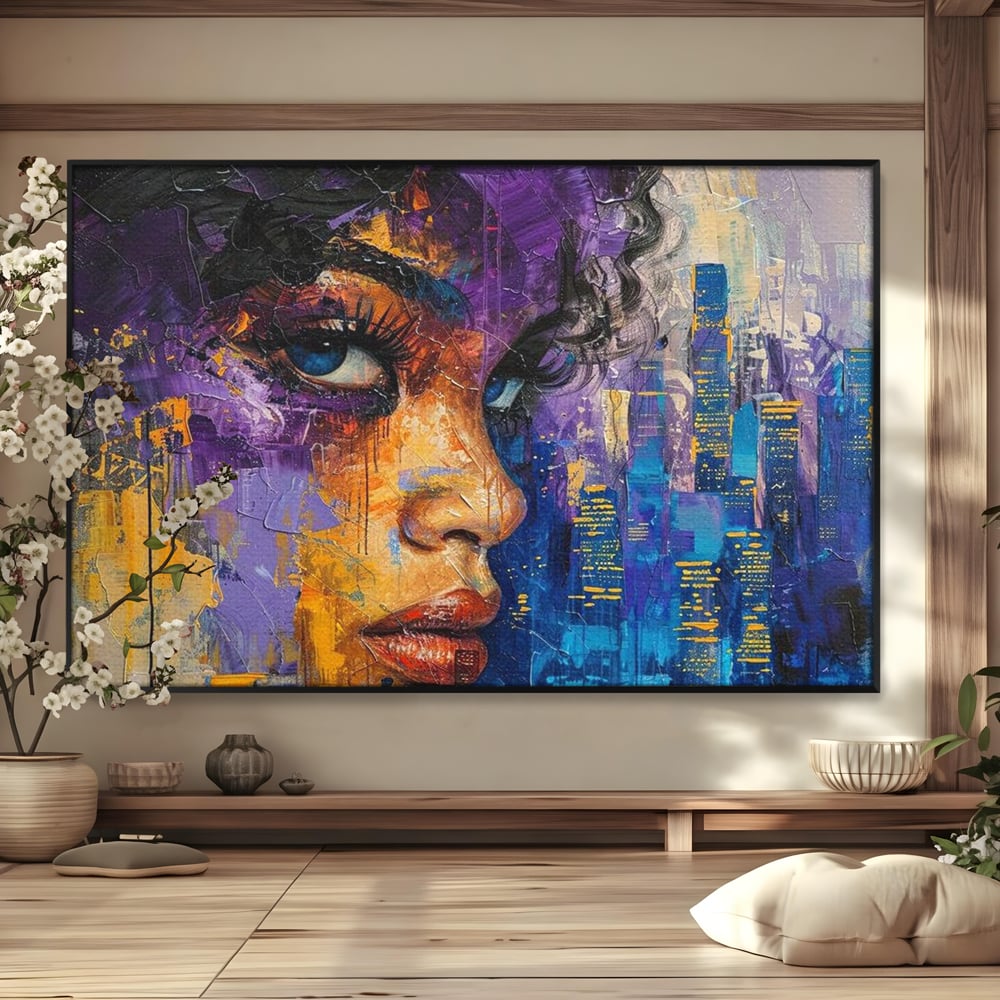 Tablou canvas cu pictura digitala cu profil de femeie, in rama de aluminiu negru